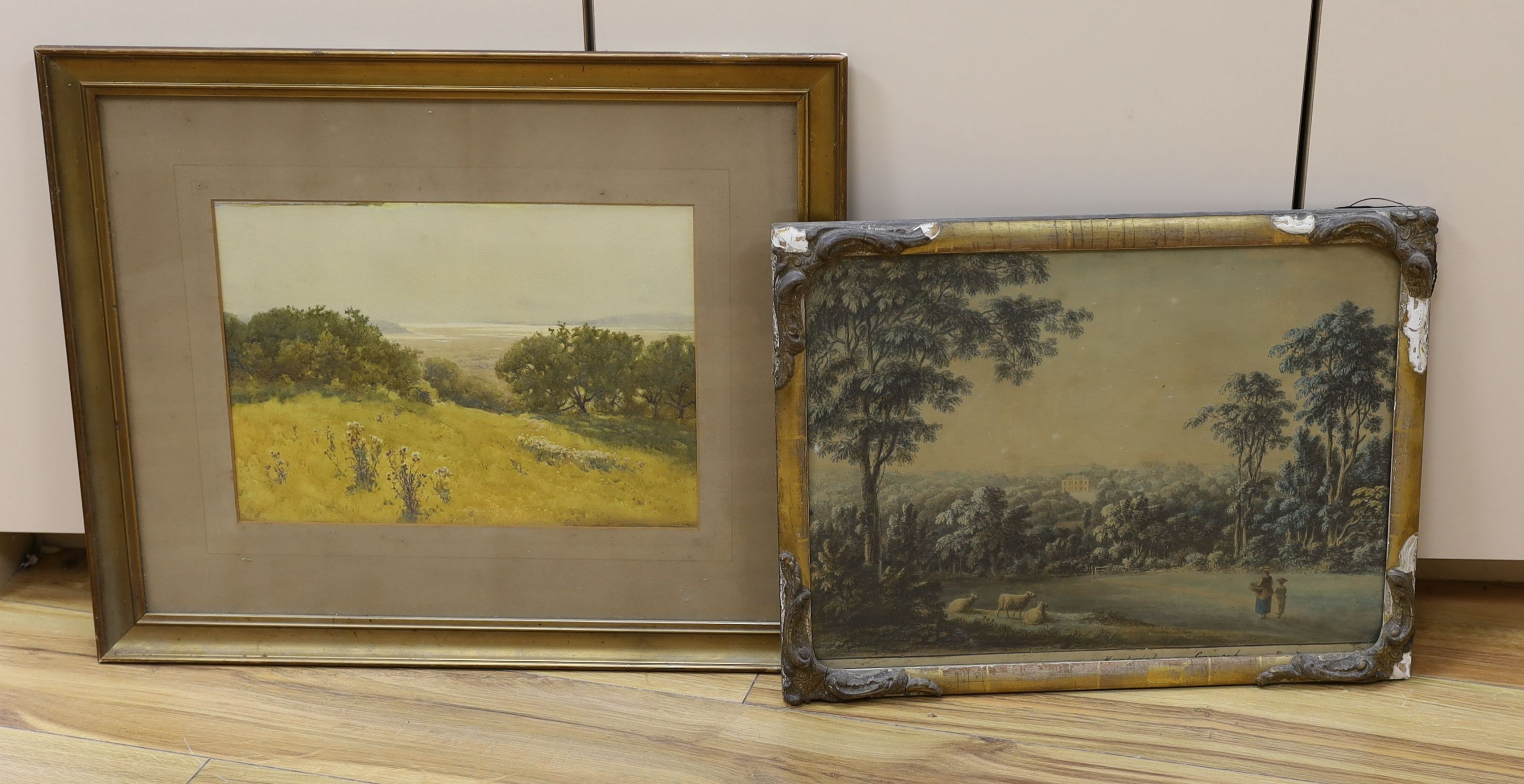 19th century English School, watercolour, 'Montreal, Sevenoaks, Kent', View of a country house', titled, 31 x 42cm, and a later unsigned watercolour of a headland, 24 x 34cm